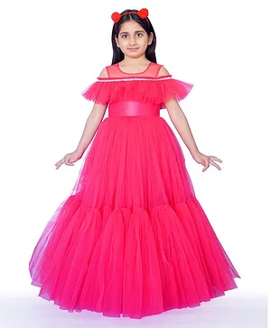 Indian Tutu Sleeveless Stones Embellished Tiered Tulle Party Gown - Pink
