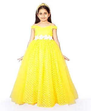 Indian Tutu Short Sleeves Flower Embellished Gown - Yellow