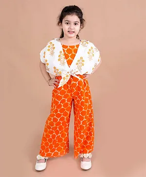 Pspeaches Floral Print Half Sleeves Jumpsuit With Attached Jacket - Orange