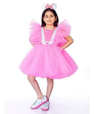 Indian Tutu Frill Sleeves Sequin Bow Embellished Party Dress - Pink