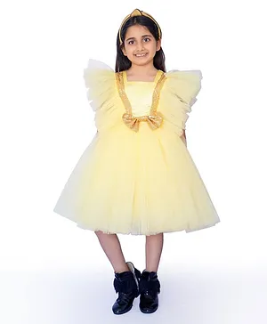 Indian Tutu Frill Sleeves Sequin Bow Embellished Party Dress - Yellow
