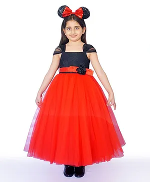 Indian Tutu Cap Sleeves Self Design Floral Applique Party Gown - Red