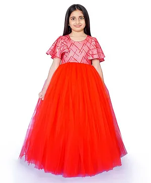 Indian Tutu Half Bell Sleeves Glitter Bodice Tulle Party Gown - Red