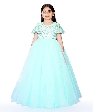 Indian Tutu Half Bell Sleeves Glitter Bodice Tulle Party Gown - Mint