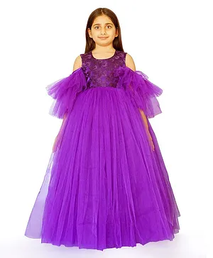 Indian Tutu Cold Shoulder Half Frill Sleeves Sleeves Sequin Embellished Bodice Tulle Party Gown - Violet