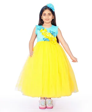 Indian Tutu Short Sleeves Flowers Embellished Gown - Yellow