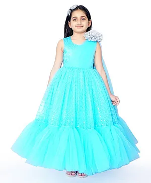 Indian Tutu Sleeveless Floral Embellished Drape Attached Flared Gown - Blue