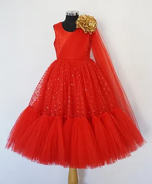 Indian Tutu Sleeveless Floral Embellished Drape Attached Flared Gown - Red