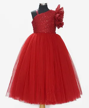 Indian Tutu Sleeveless Floral Bow Embellished Sequin Detailed One Shoulder Gown - Red
