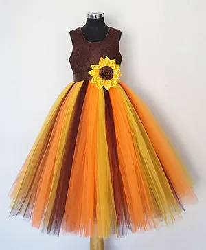 Indian Tutu Sleeveless Sun Flower Embellished Party Gown - Multi Color