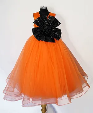Indian Tutu Sleeveless Big Floral Embellished Flared Gown - Orange