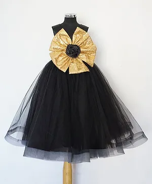 Indian Tutu Sleeveless Big Floral Embellished Flared Gown - Black