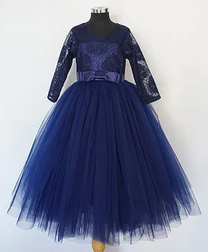Indian Tutu Full Sleeves Lace Embroidered Flared Party Gown - Dark Blue