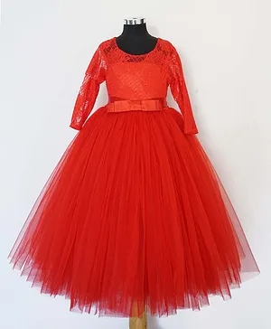 Indian Tutu Full Sleeves Lace Embroidered Flared Party Gown - Red