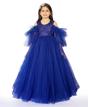 Indian Tutu Cold Shoulder Half Frill Sleeves Sleeves Sequin Embellished Bodice Tulle Party Gown - Navy Blue