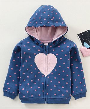 Babyhug Cotton Knit Full Sleeves Hooded Sweat Jacket Heart Print Applique - Blue