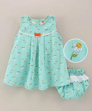 Dew Drops Sleeveless Frock & Bloomer With Lace & Bow Applique Floral Print - Green
