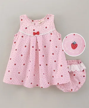 Dew Drops Sleeveless Frock & Bloomer With Lace & Bow Applique Strawberry Print - Pink