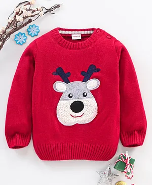 Babyhug Full Sleeves Knit Sweater Deer Patch - Red