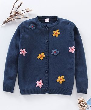 Babyhug Knit Full Sleeves Pullover Sweaters with Floral Applique - Navy