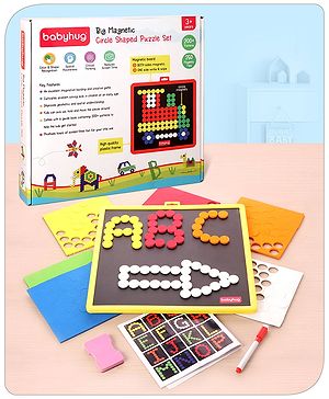 Babyhug Jumbo Magnetic Circle Puzzle Set With 250 Magnetic Tiles| Playset With Write & Wipe Feature with 200+ Patterns| 1 Sketch Pen and Duster Learning and Educational Toy for 4-6 Years Kids| Gifting Toy| BIS Certified