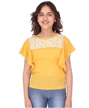 Cutecumber Half Sleeves Floral Lace Detailing Top - Yellow