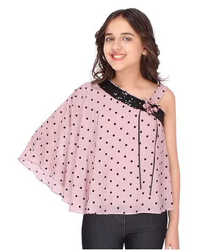 Cutecumber Three Fourth Sleeves Polka Dotted One Shoulder Top - Pink