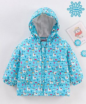 Babyhug Full Sleeves Hooded Heavy Winter Jacket Rainbow & Llama Print - Blue