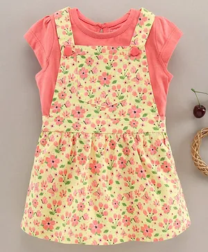 Babyhug 100% Cotton Frock With Short Sleeves Inner Tee Floral Print - Yellow