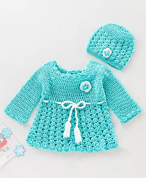 Babyhug Full Sleeves Knit Flower Applique Woollen Dress With Cap - Blue