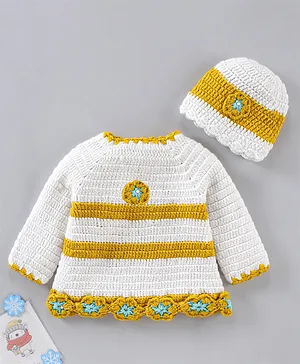 Babyhug Full Sleeves Color Block Woollen Dress with Cap Star Design - Off White Yellow