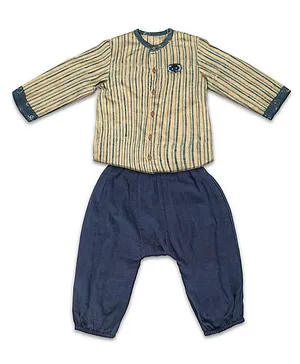 MHYSA Natural Dyed Striped Full Sleeve T Shirt With Full Length Pant- Blue Beige