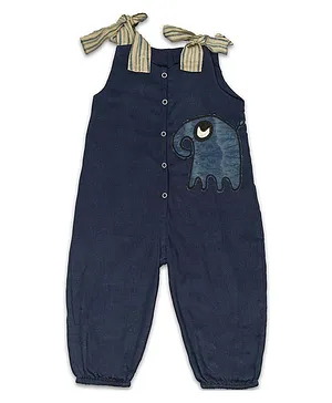 Mhysa's Natural Dyed  Tie Up Romper With Elephant Embroidery - Blue
