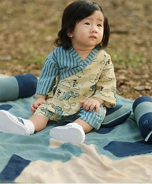 MHYSA Full Sleeves Striped Kimono Style Animal Embroidery Natural Dyed Block Printed Top With Contrast Pants - Blue