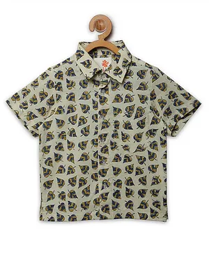 Charkhee Half Sleeves All Over Leaf Motif Printed Shirt - Beige & Blue