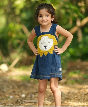 Mhysa Natural Dyed Square Neck Sleeveless Frock With Lion Patch - Blue