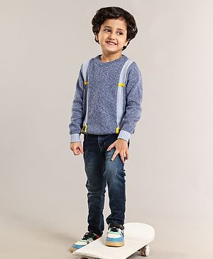 Babyhug Full Sleeves Cotton Knit Sweater Placement Print - Blue