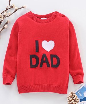 Babyhug Full Sleeves Cotton Knit Sweater Dad Print - Red
