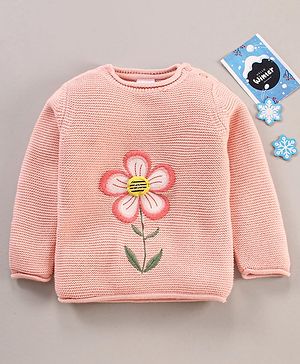 Babyhug Cotton Knit Full Sleeves Floral Embroidery Sweater - Pink
