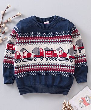 Babyhug Full Sleeves Knit Printed Pullover - Navy Blue