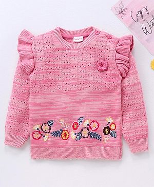 Babyhug Cotton Knit Full Sleeves Pullovers Floral Design - Pink