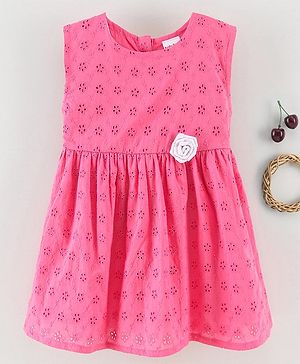 Babyhug Sleeveless 100% Cotton Hakoba Frock With Flower Applique - Pink