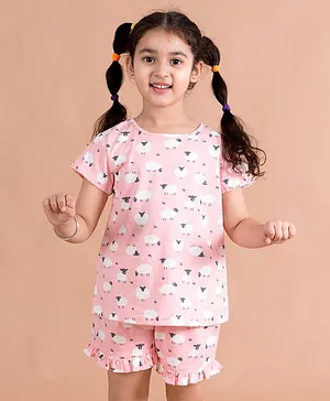 Pspeaches Half Sleeves Sheep Printed Night Suit - Pink