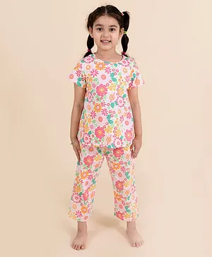 Pspeaches Half Sleeves Flower Printed Night Suit - Pink