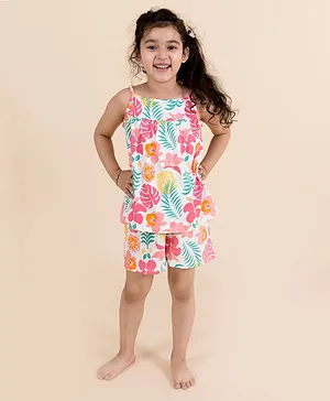 Pspeaches Sleeveless Tropical Big Flower & Leaf Printed Night Suit - Multi Color