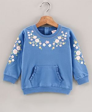 Babyhug Full Sleeves Sweatshirt Floral Graphics & Frill Detailing at Pocket - Blue