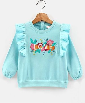Babyhug Full Sleeves Sweatshirt with Embroidery & Frill Detailing - Sky Blue