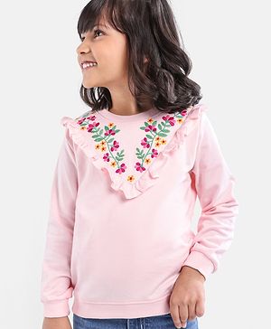 Babyhug Full Sleeves Sweatshirt with Embroidery & Frill Detailing - Pink