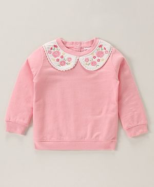 Babyhug Full Sleeves Sweatshirt with Floral Embroidery & Peter Pan Collar - Pink