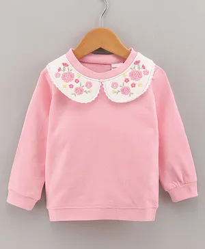 Babyhug Full Sleeves Sweatshirt with Floral Embroidery & Peter Pan Collar - Pink